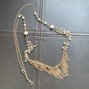 Long Pearl Crystal Gold Fringe Necklace